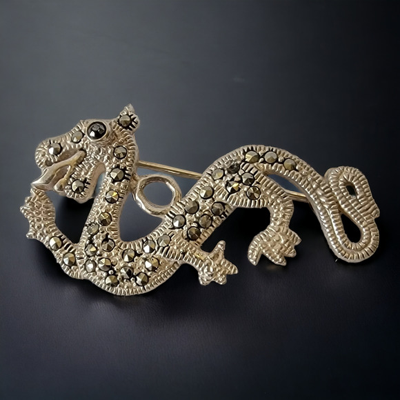 Year of the Dragon, Vintage Marcasite Dragon Brooch, Sterling Silver, 2.5 Inch - Picture 2 of 7